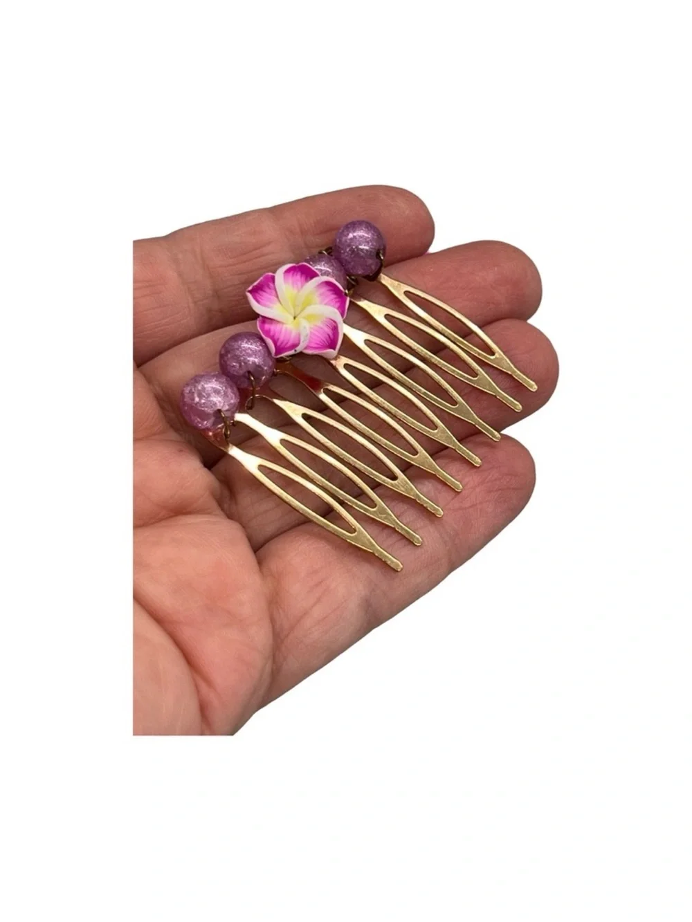 Gold Hair Comb with Pink Flower and Bead Accents FINAL PRICE DROP